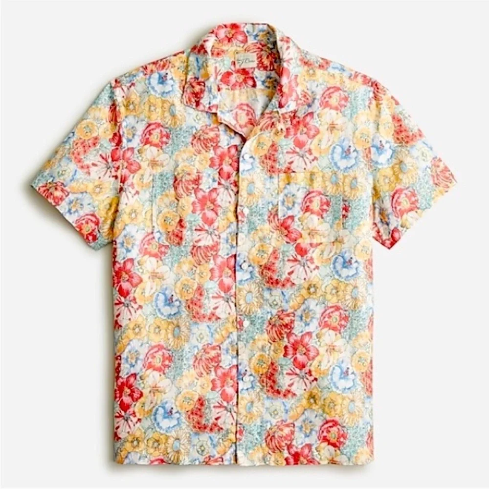 J. Crew Floral Shirt Men's Sz L 100% Linen Camp Collar Button Up Short Sleeve